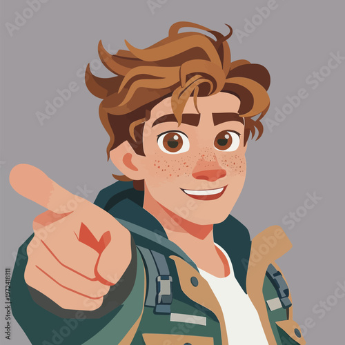 Young person points at viewer with a friendly smile in a digital illustration showing playful expression