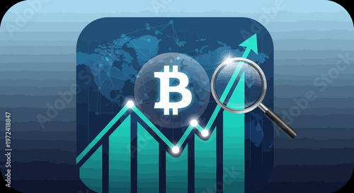 Bitcoin analysis concept with magnifying glass and chart on blue background