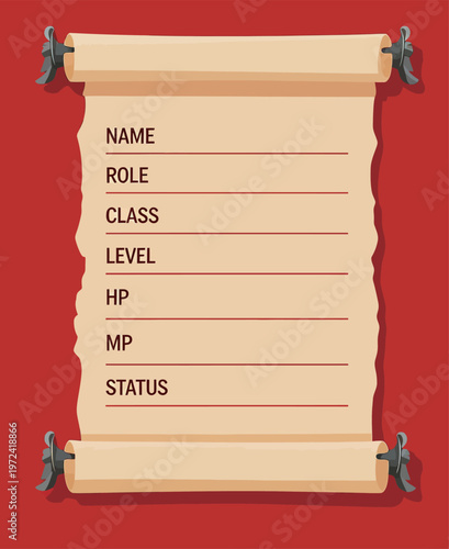 Scroll with details about character role, class, level, hit points, magic points, and status in a game setting