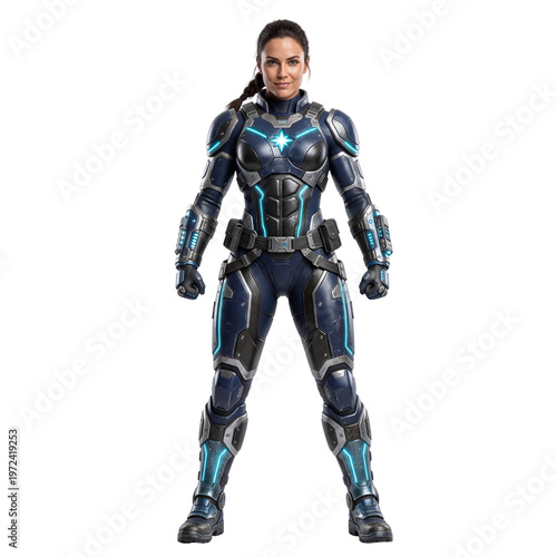 Futuristic female soldier in high-tech tactical armor, sci-fi warrior woman in glowing blue exoskeleton suit, cinematic space marine character isolated PNG with Transparent Background