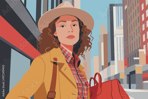 Fashionable woman stands on city street with a hat and shopping bag in mid-day light surrounded by tall buildings