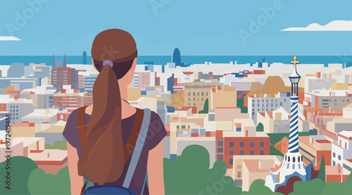 Girl looks over Barcelona cityscape with buildings and ocean in the background