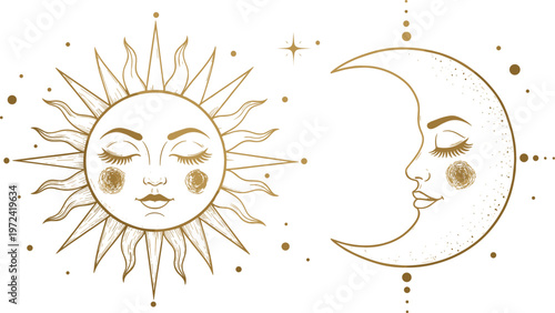 Celestial sun and moon faces in elegant boho line art style featuring mystical cosmic elements, vintage engraving details, and decorative astrology vector illustration