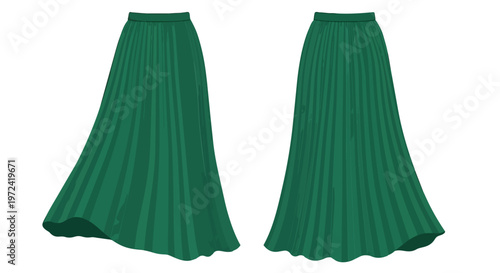 Elegant flowing emerald green pleated maxi skirts fashion garment illustration showcasing versatile design for women's contemporary clothing style