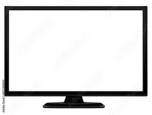 검은색 프레임의 현대적인 평면 스크린 TV 또는 모니터에 흰색 빈 화면이 깨끗하게 표시되어 있어 다양한 콘텐츠를 위한 복사 공간을 제공합니다.