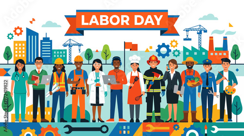 A diverse group of workers standing together on Labor Day in a city