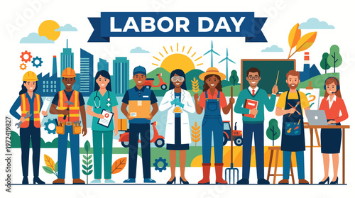 People celebrate Labor Day with various professionals and tools outdoors