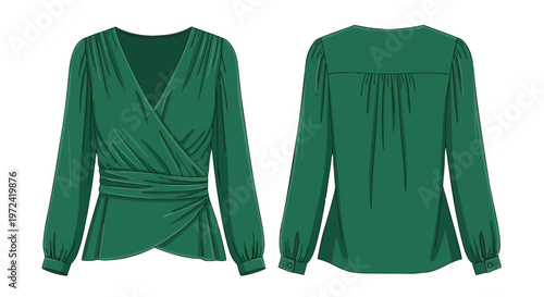 An elegant emerald green long-sleeved wrap blouse fashion illustration featuring a flattering v-neckline and waist-tie detail from front and rear