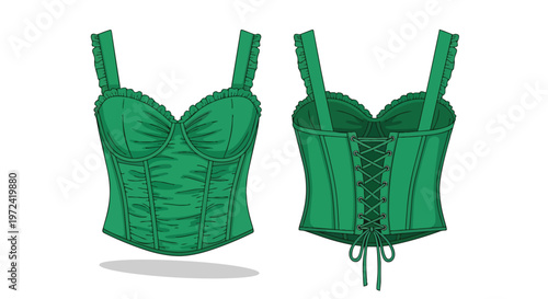 Fashion design technical drawing of an emerald green corset top featuring a lace-up back