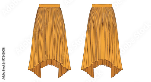Fashion illustration of a stylish pleated midi skirt with an elegant high-low asymmetric hem, perfect for modern apparel designs and digital fashion