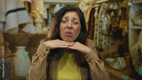 Fotografija Woman in yellow shirt makes mocking face with hands under chin amid shop shelves and clothing racks in building; sarcasm
