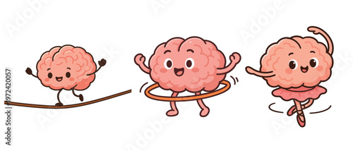 Cartoon Brain Characters Performing Different Exercises