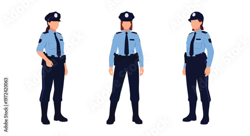 Collection set vector flat style of 3 female police officers in uniform performing different duties, law enforcement characters isolated on clean background for security and public safety concepts