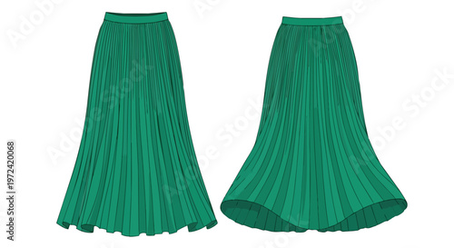 Elegant pleated green maxi skirts flat lay vector illustration for fashion design. Classic apparel style for women. Flowing fabric. Modern wardrobe