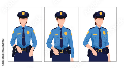 Collection set vector flat style of 3 female police officers in uniform performing different duties, law enforcement characters isolated on clean background for security and public safety concepts