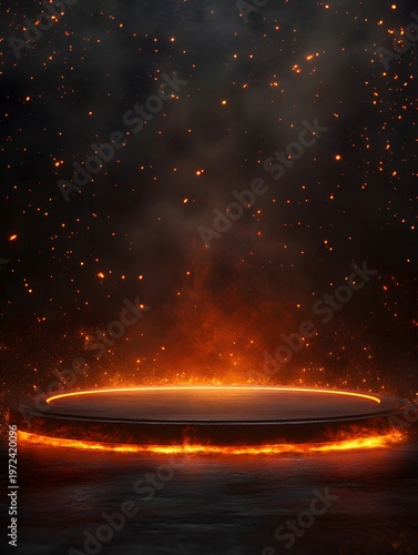 Glowing circular pedestal is surrounded by rising sparks and intense fire against a dark background.