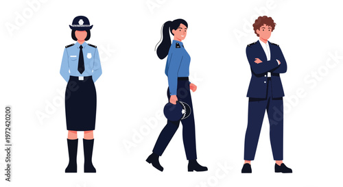 Collection set vector flat style of 3 female police officers in uniform performing different duties, law enforcement characters isolated on clean background for security and public safety concepts
