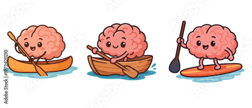 Cute Brain Characters Paddling Canoe and Paddleboard
