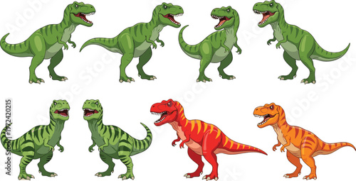 Cartoon Tyrannosaurus rex dinosaur set featuring multiple poses, colorful variations, and playful prehistoric character design in fun vector illustration style