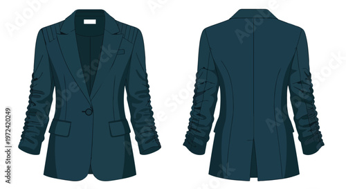 Elegant women's teal blazer fashion illustration showcasing front and back views, ideal for professional apparel designs and stylish corporate wear