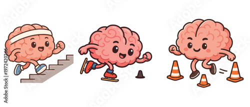 Cartoon brains exercising with stairs skating and cones