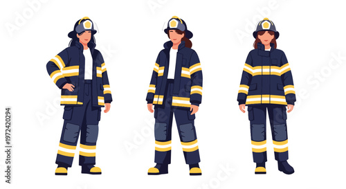 Collection set vector flat style of 3 female firefighters wearing protective gear and holding equipment, emergency rescue service characters isolated on clean background