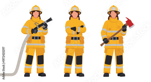 Collection set vector flat style of 3 female firefighters wearing protective gear and holding equipment, emergency rescue service characters isolated on clean background