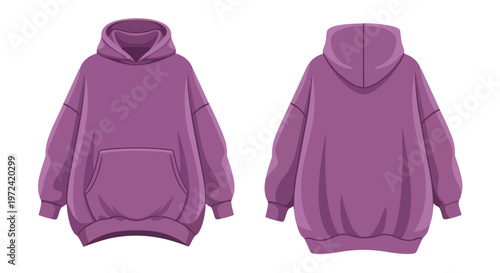 Vibrant purple oversized hoodie design with front and back views illustrated. A relaxed fit garment for casual apparel mockups showcasing modern