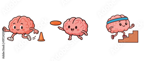 Cartoon brains exercising with running and frisbee activities