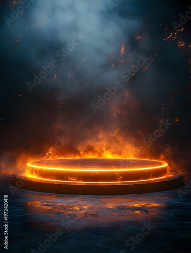 Glowing circular platform sits amidst dark smoke and orange flames.