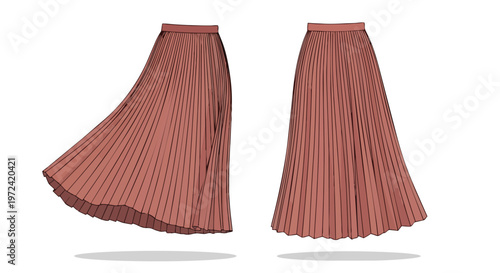 Elegant pleated maxi skirt design flat illustration in dusty rose color for fashion and apparel concepts