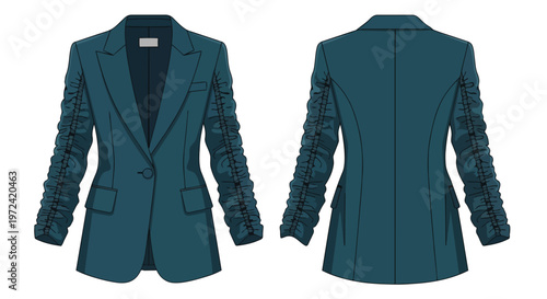 Modern teal blazer illustration, front and back views. Sophisticated women's apparel design with distinctive ruched sleeves, perfect for fashion