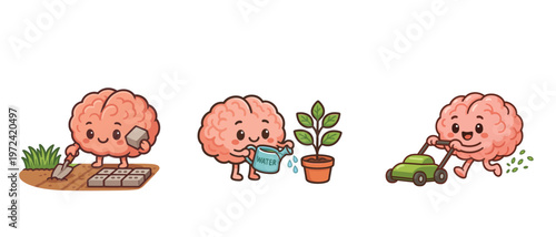 Cute brains gardening planting watering and mowing grass