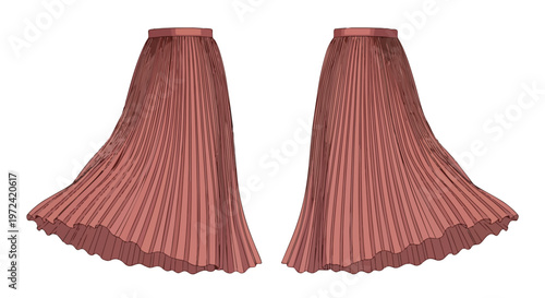 Elegant Digital Render of Flowing Pleated Skirts in Soft Rose Hue on Pristine White Background Perfect for Modern Fashion Design and Textile Concepts.