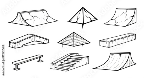 Urban Graffiti Skate Ramp, Rail, and Obstacle Vector Illustration Sheet in Black Ink Grunge Punk Street Art Style