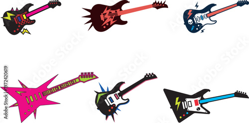 Set of colorful electric guitars with rock music graphics eps 10