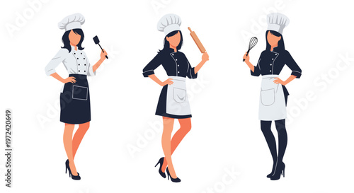 Collection set vector flat style of 3 female chefs in kitchen uniforms, culinary professional characters isolated on clean background for food industry concepts