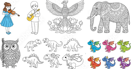 Diverse illustration set featuring kids playing instruments, ornamental animals, dinosaurs, owl, elephant, phoenix, and colorful cartoon dragons in detailed vector style