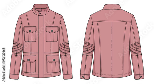 Detailed technical fashion flat drawing illustrating a stylish pink women's utility jacket with multiple pockets and ribbed sleeves front and back