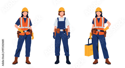 Collection set vector flat style of 3 female construction workers, engineering and building industry characters isolated on clean background