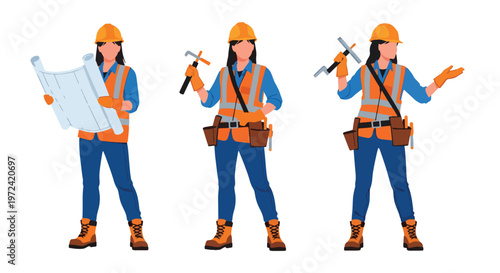 Collection set vector flat style of 3 female construction workers, engineering and building industry characters isolated on clean background