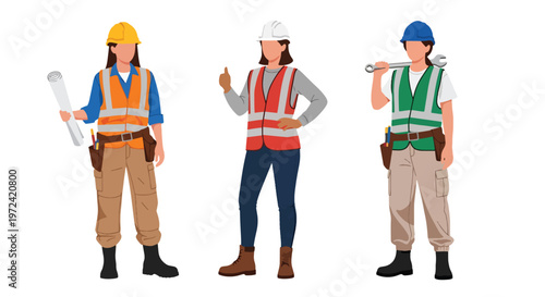 Collection set vector flat style of 3 female construction workers, engineering and building industry characters isolated on clean background