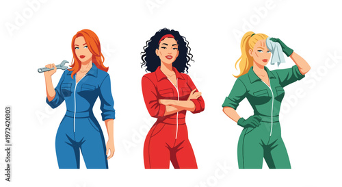 Collection set vector flat style of 3 female mechanics, automotive service characters isolated on clean background.
