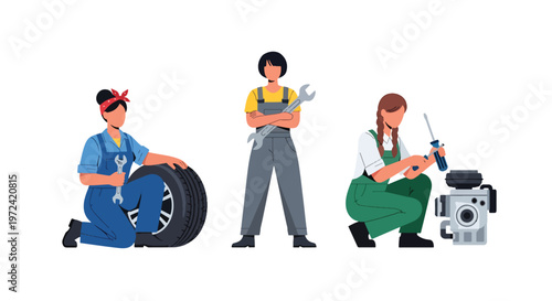 Collection set vector flat style of 3 female mechanics, automotive service characters isolated on clean background.