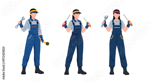 Collection set vector flat style of 3 female mechanics, automotive service characters isolated on clean background.