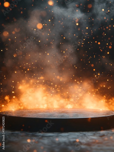 Dark circular stage pedestal stands amidst swirling smoke and glowing golden sparks.