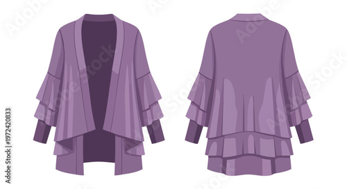 Purple cardigan, vector illustration, front and back view, elegant design. Features ruffled sleeves, draped hemline. Perfect for modern fashion