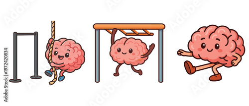 Cute brain characters exercising with playground equipment