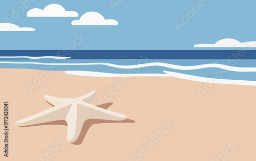 White starfish rests on sandy beach beside ocean under clear blue sky with few clouds during daylight hours