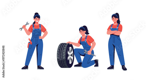 Collection set vector flat style of 3 female mechanics, automotive service characters isolated on clean background.